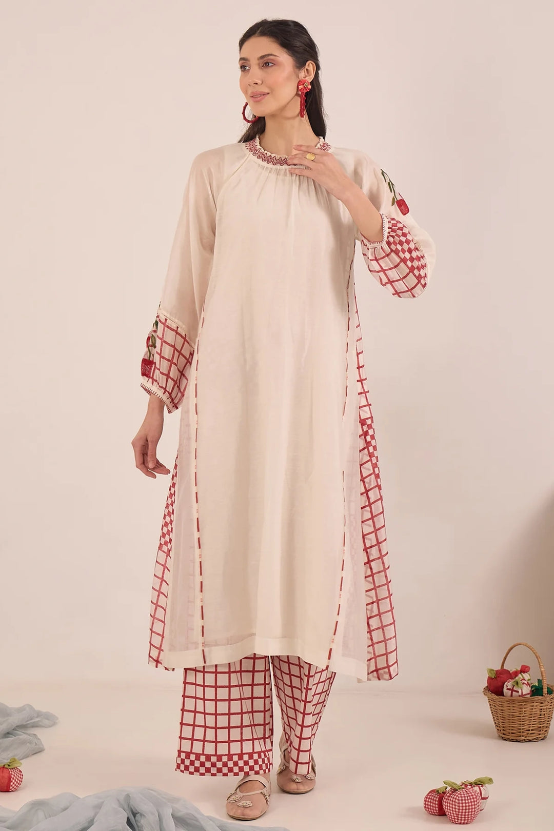 Shirin: Cotton Silk Ivory Red Check Embroidered Kurta Set