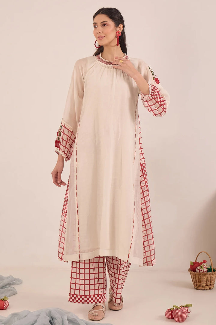 Shirin: Cotton Silk Ivory Red Check Embroidered Kurta Set