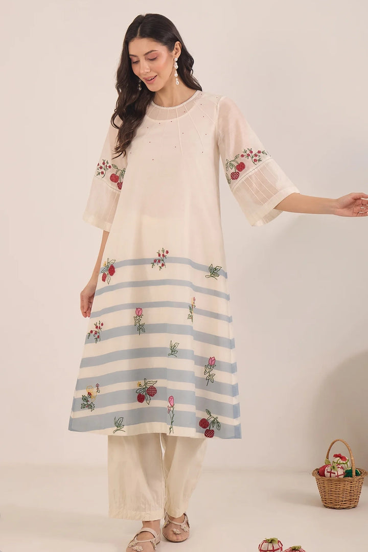 Chinar: Chanderi Floral Embroidered Stripe Kurta Set - Ivory