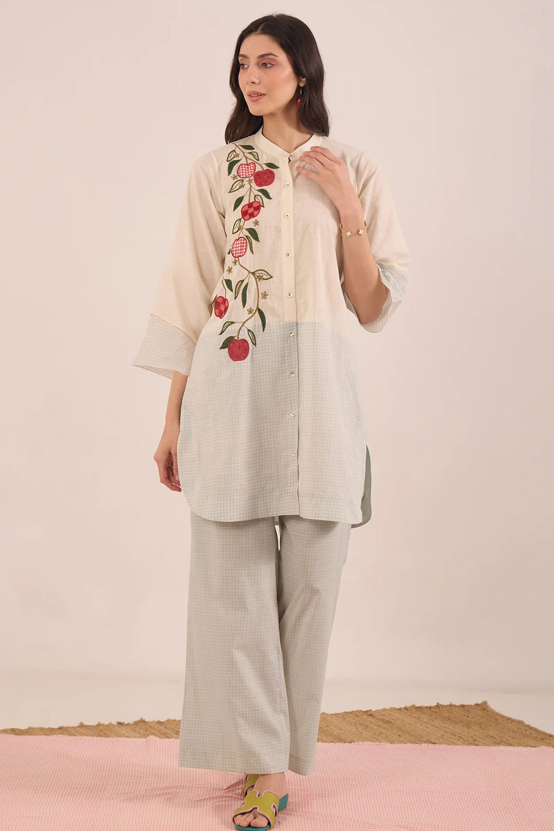 Poma: Cotton Shepherd Check With Apples Tunic- Powder Blue and Ivory