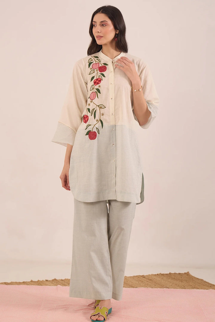 Poma: Cotton Shepherd Check With Apples Tunic- Powder Blue and Ivory