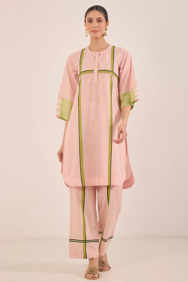 Gul: Cotton Shepherd Check With Stripe Coord Set - Pink