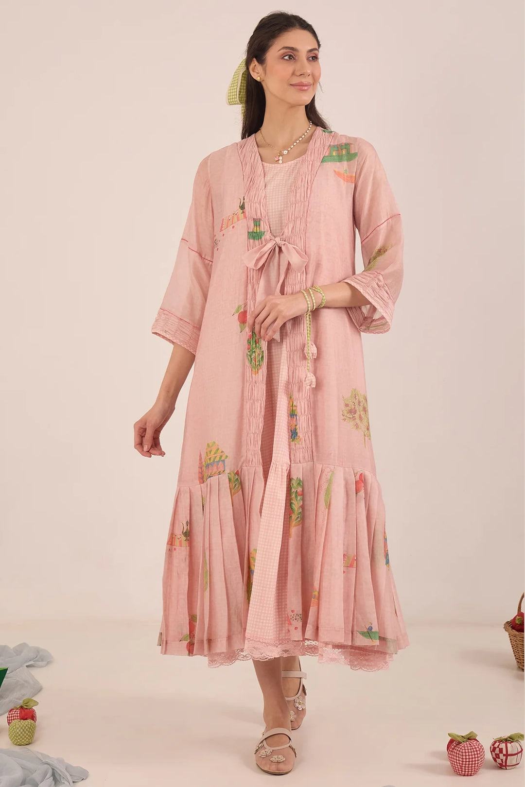 Gulposh: Cotton Silk Pleated Jacket Dress With Cotton Check Inner - Pink
