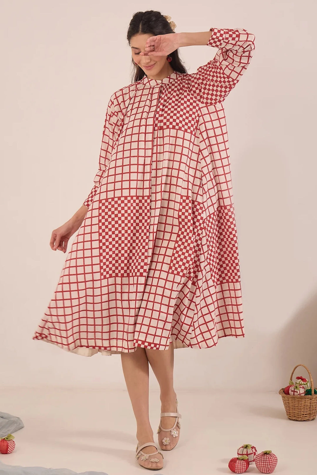 Aarol: Cotton Check MIDI Dress