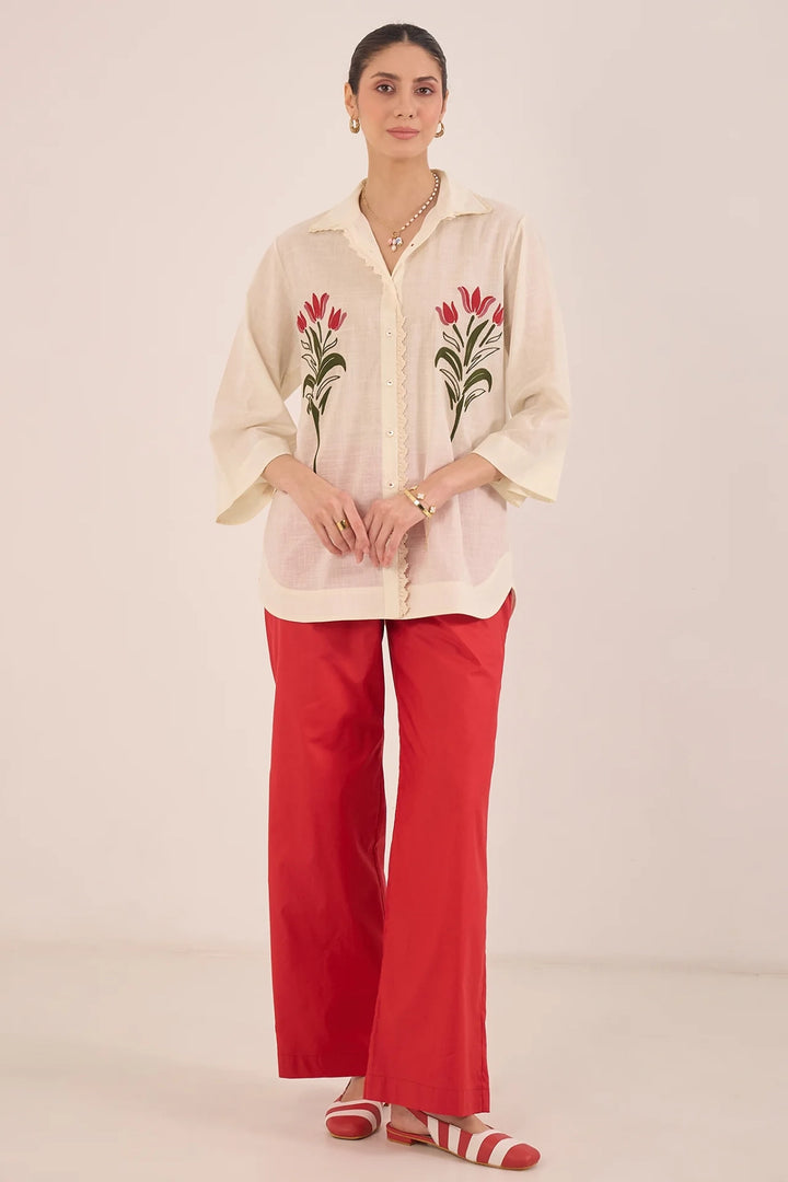 Dal: Cotton Floral Shirt Coord Set - Ivory