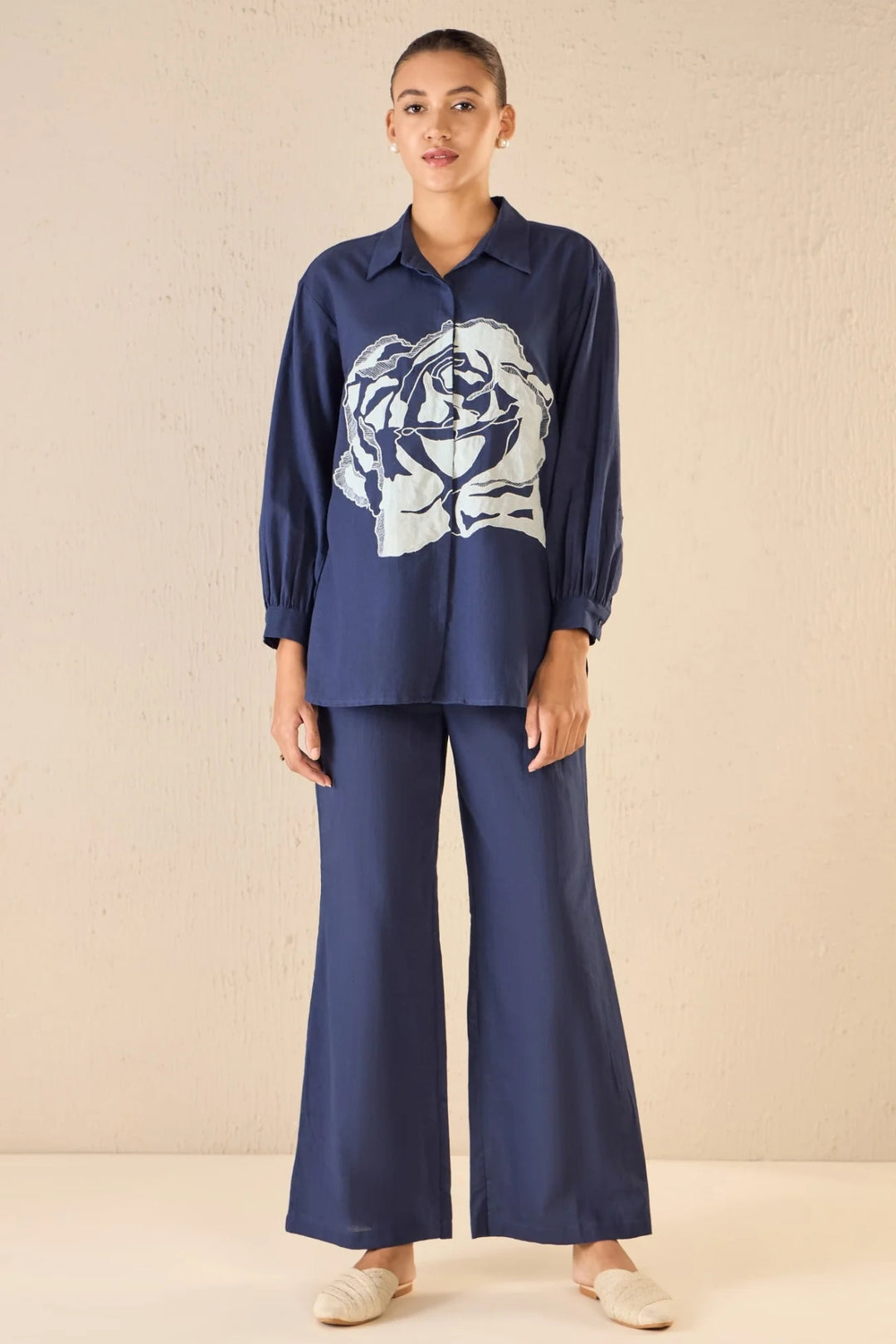 Rose Dream: Indigo Oversize Cotton Shirt Co-ord Set