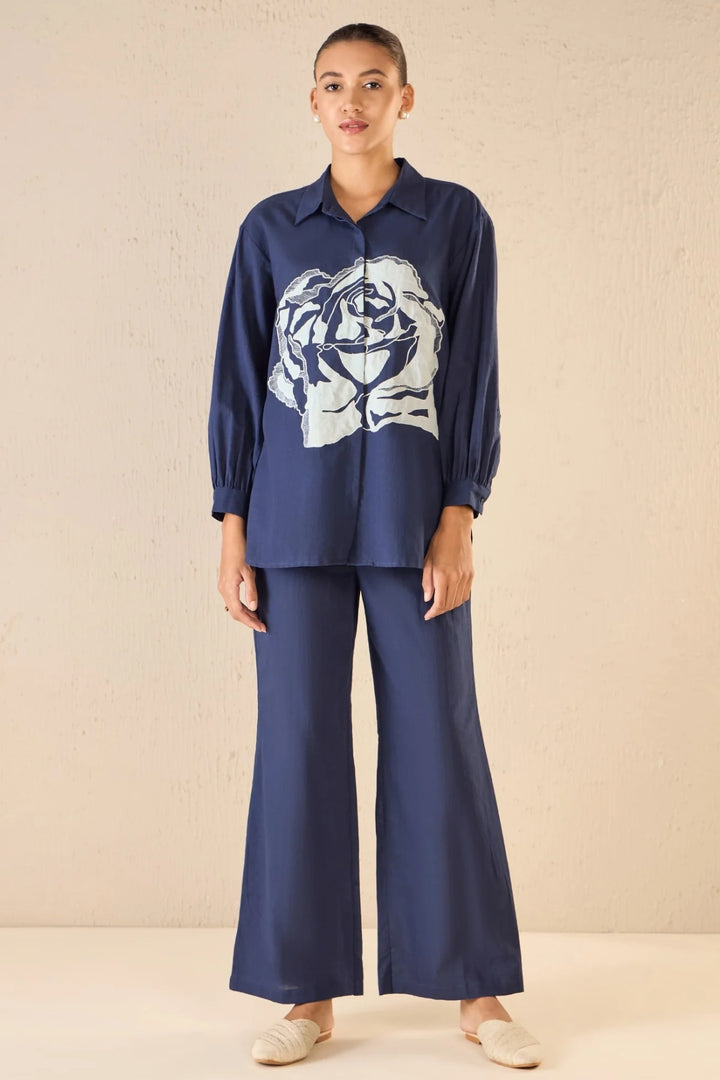 Rose Dream: Indigo Oversize Cotton Shirt Co-ord Set