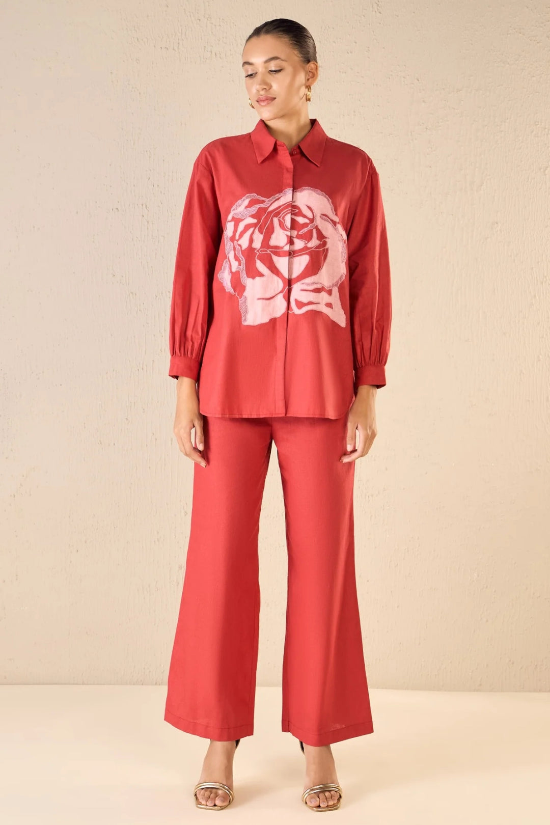 Rose Dream: Red Oversize Cotton Shirt Co-ord Set