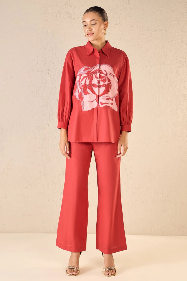 Rose Dream: Red Oversize Cotton Shirt Co-ord Set