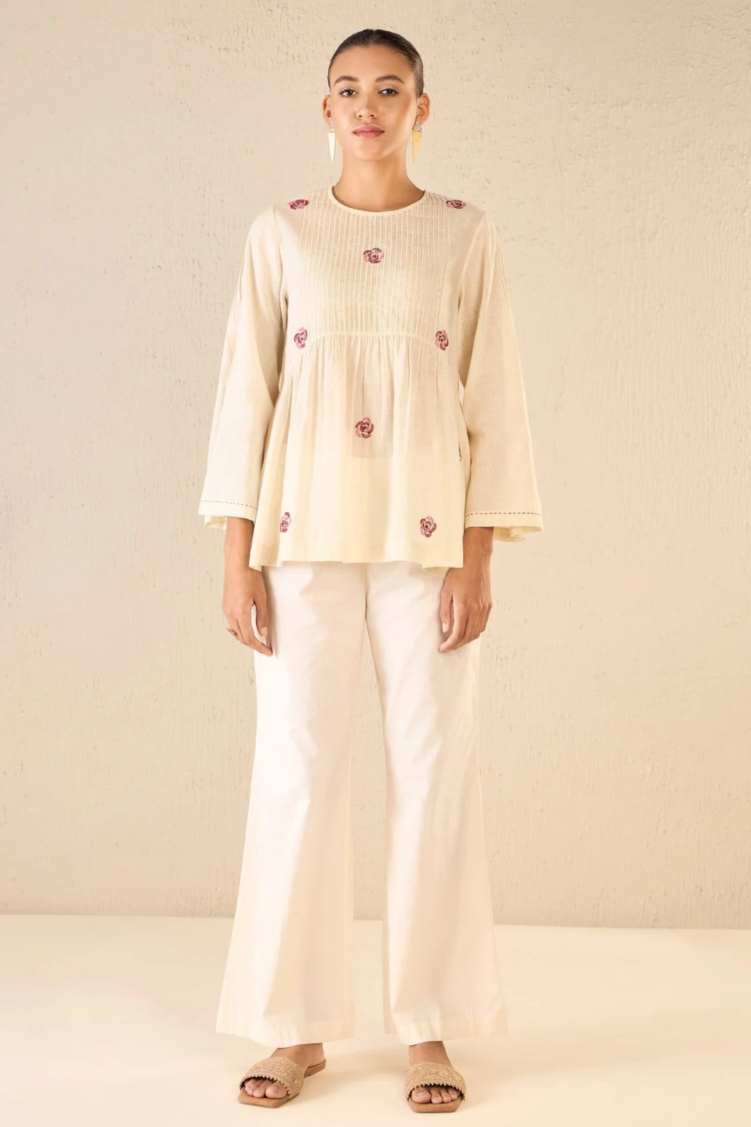 Whispering Roses: Ivory Handloom Cotton Pintuck Tunic Co-ord Set