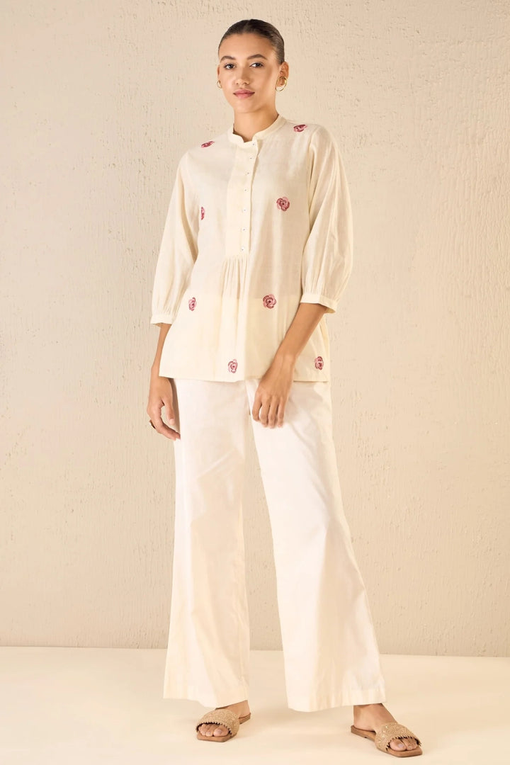 Rose Melody: Ivory Bold Placket Co-ord Set
