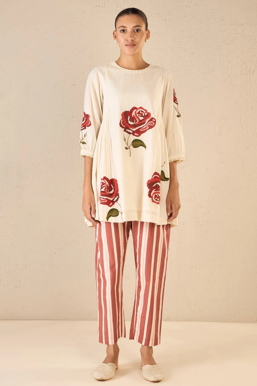 Royal Rose: Ivory Side Gather Tunic With Red Stripe Pants