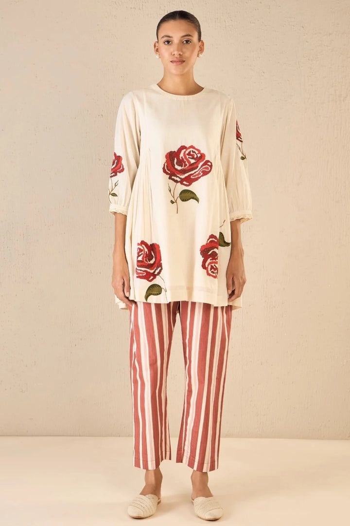 Royal Rose: Ivory Side Gather Tunic With Red Stripe Pants
