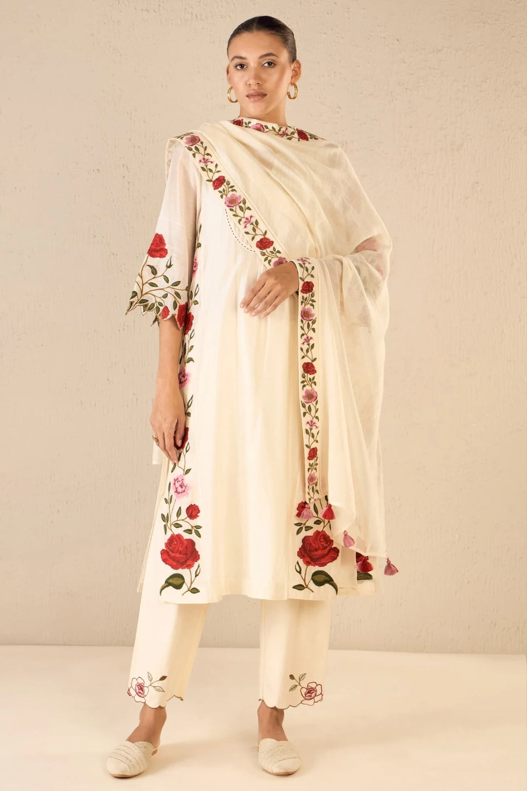 Rose Shine: Ivory Pink & Red Rose Embroidered Kali Kurta Set
