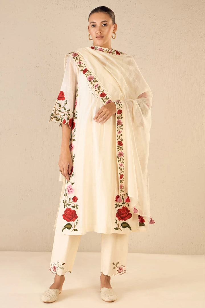 Rose Shine: Ivory Pink & Red Rose Embroidered Kali Kurta Set