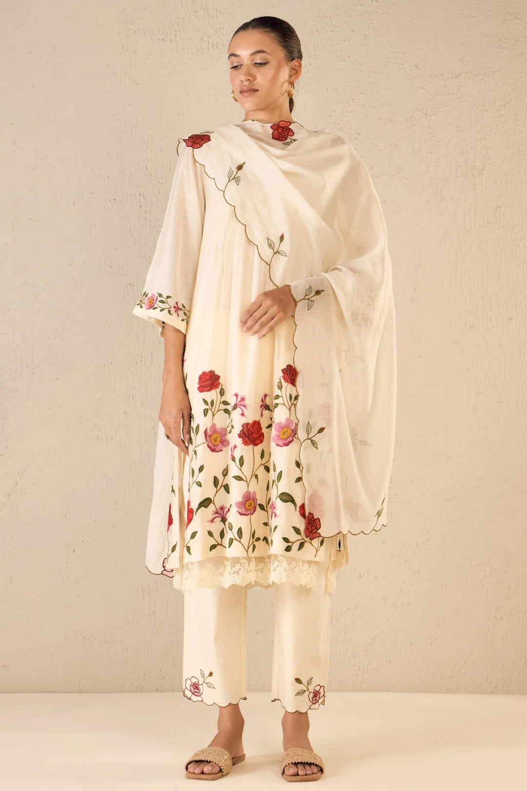 Gardenia Charm: Ivory Floral Embroidery Jaal Kurta Set
