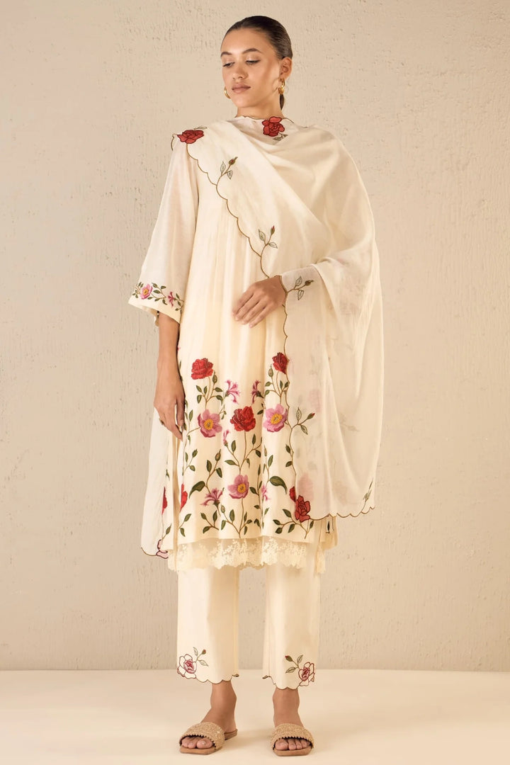 Gardenia Charm: Ivory Floral Embroidery Jaal Kurta Set