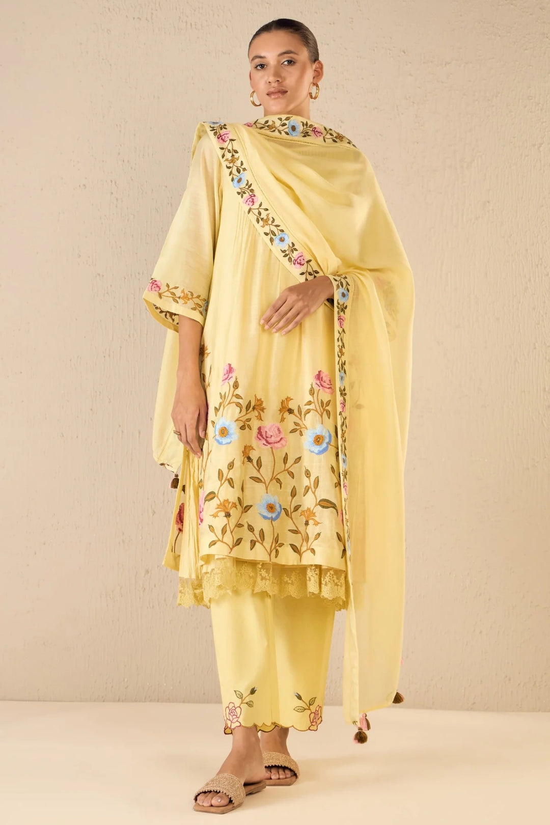 Gardenia Charm: Yellow Floral Embroidery Jaal Kurta Set