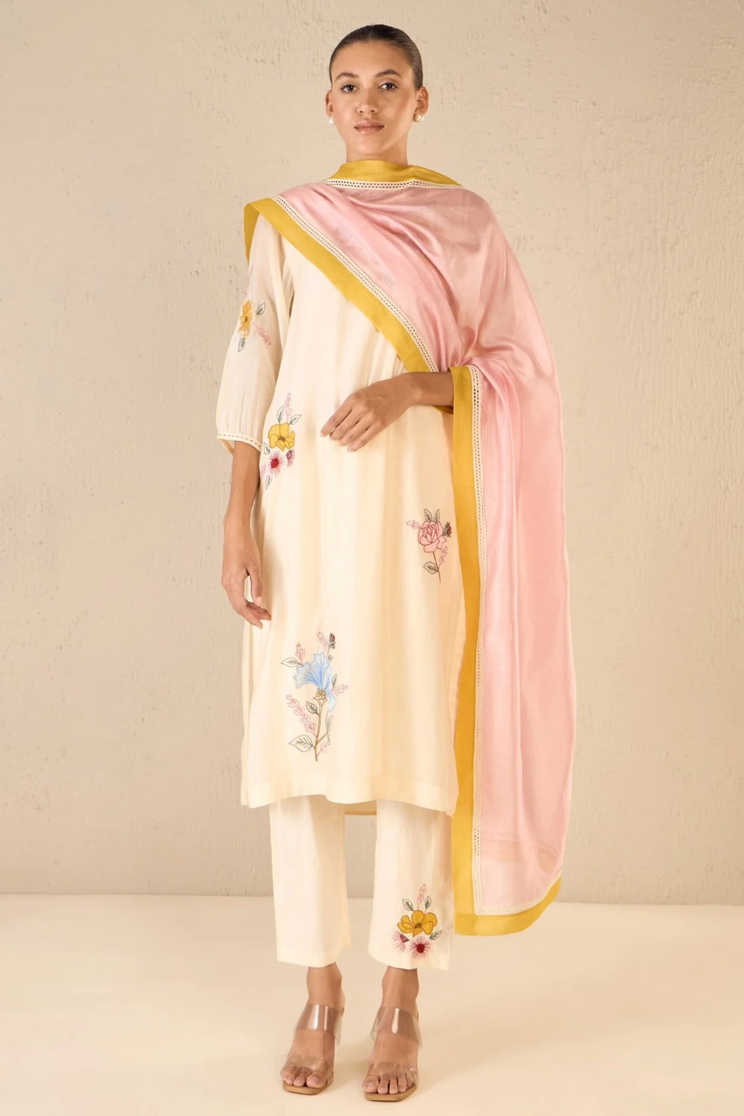 Petal Patch: Ivory Floral Applique Kurta Set