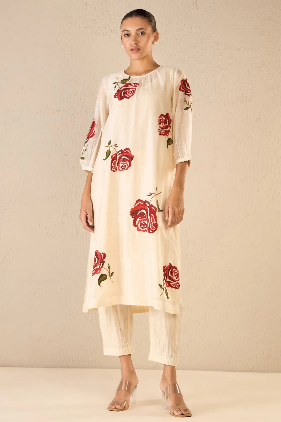 Royal Rose: Ivory Cotton Silk Red Embroidery Rose Kurta With Ivory Pintuck Pants