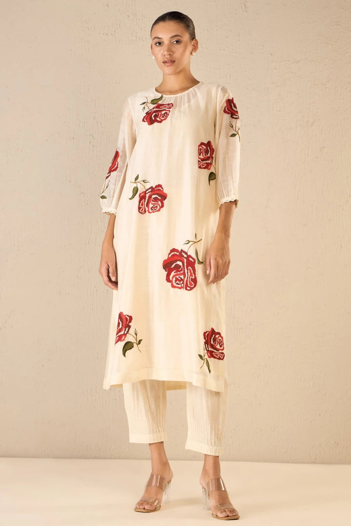 Royal Rose: Ivory Cotton Silk Red Embroidery Rose Kurta With Ivory Pintuck Pants