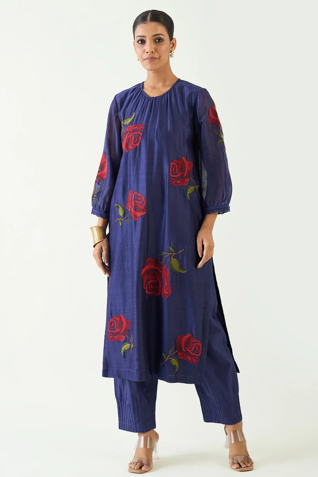 Royal Rose: Purple Chanderi Red Embroidery Rose Kurta With Pintuck Pants