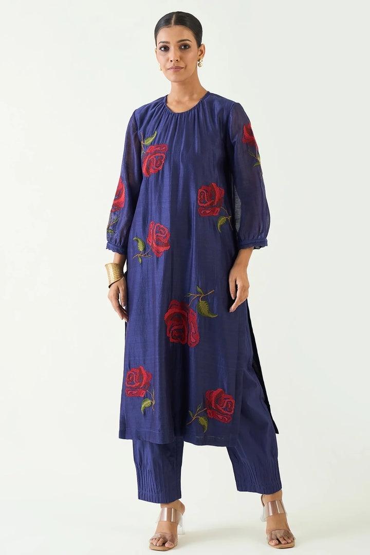 Royal Rose: Purple Chanderi Red Embroidery Rose Kurta With Pintuck Pants