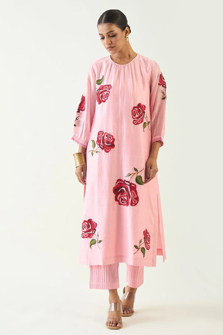 Royal Rose: Pink Chanderi Red Embroidery Rose Kurta With Pink Pintuck Pants