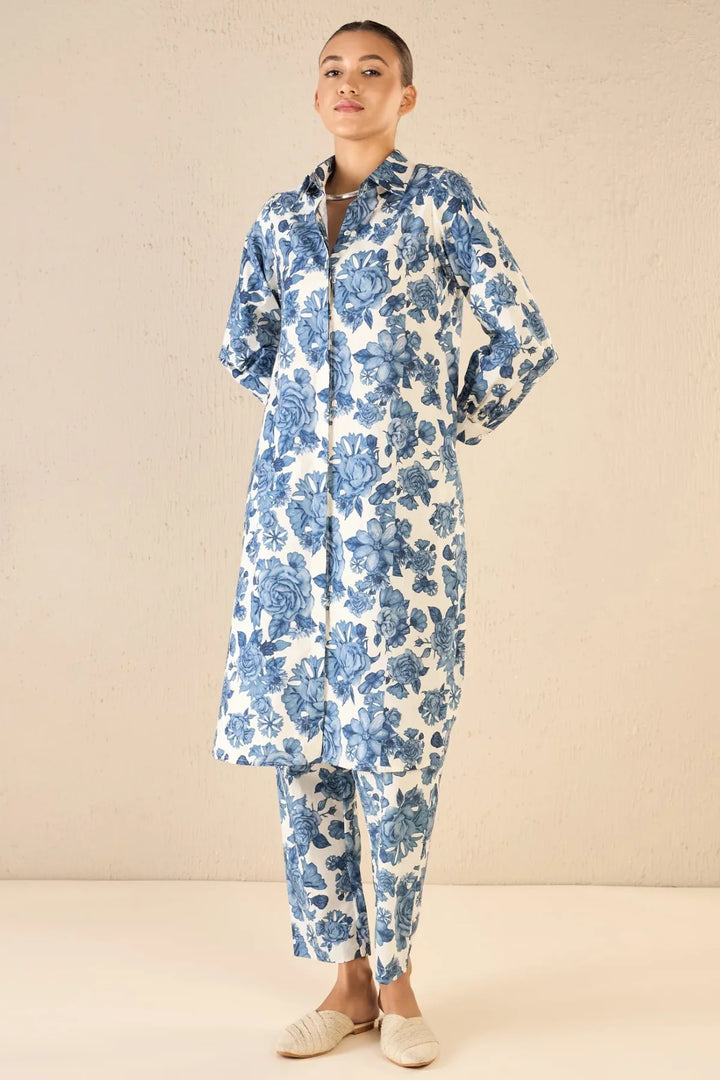 Blue Blossom Cotton Long Shirt Co-ord Set