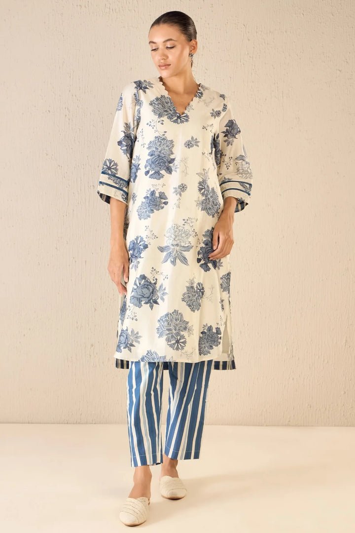 Floral Fantasy: Blue Floral Chanderi Scallop Kurta Set