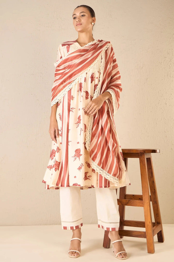 Vintage Rose: Red Floral & Stripe Anarkali Set