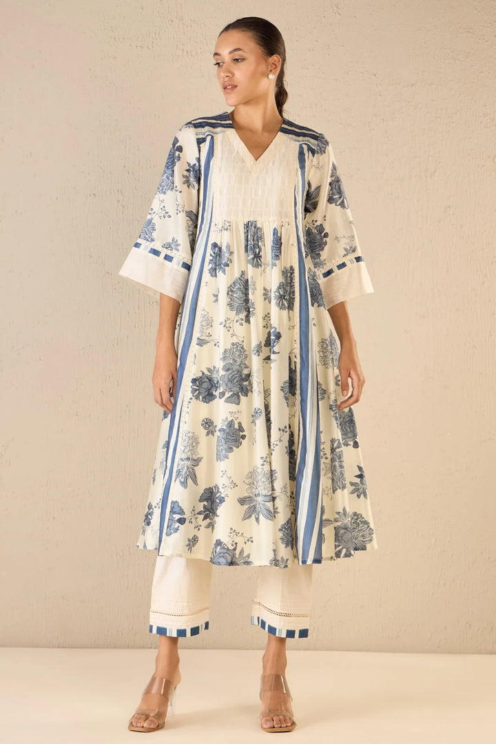 Floral Fantasy : Blue Floral & Stripe Anarkali Set