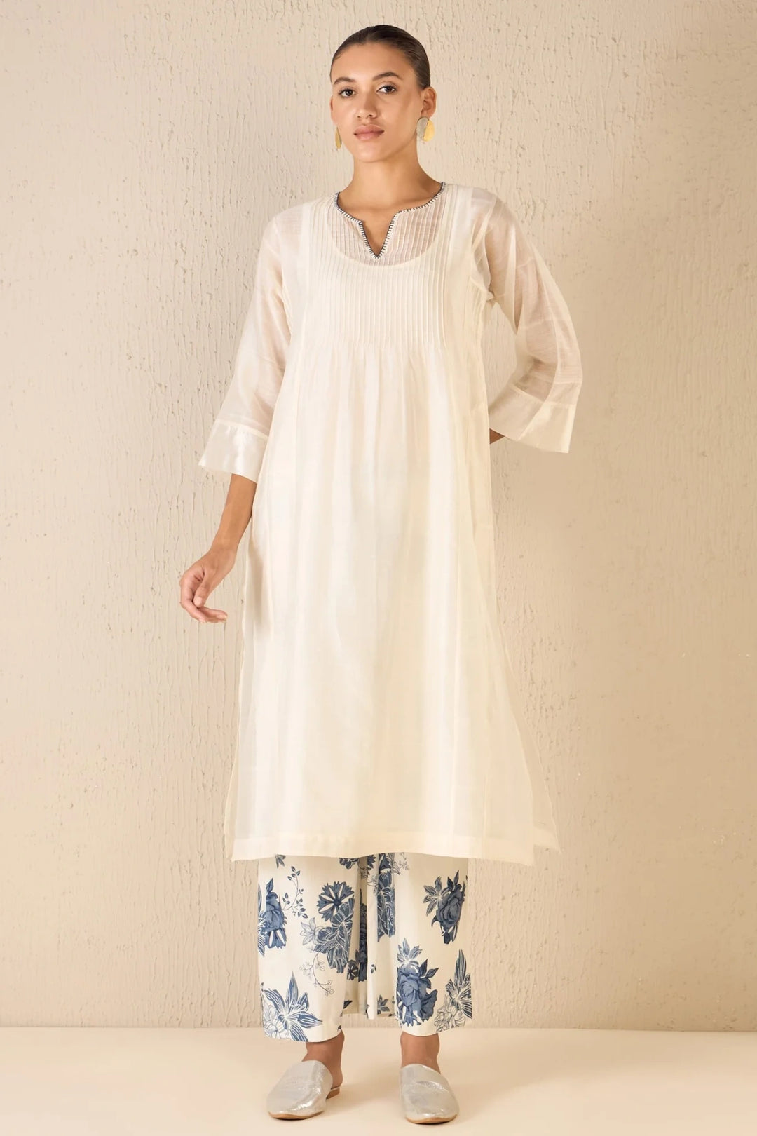 Floral Odyssey: Ivory Pintuck Choga Set