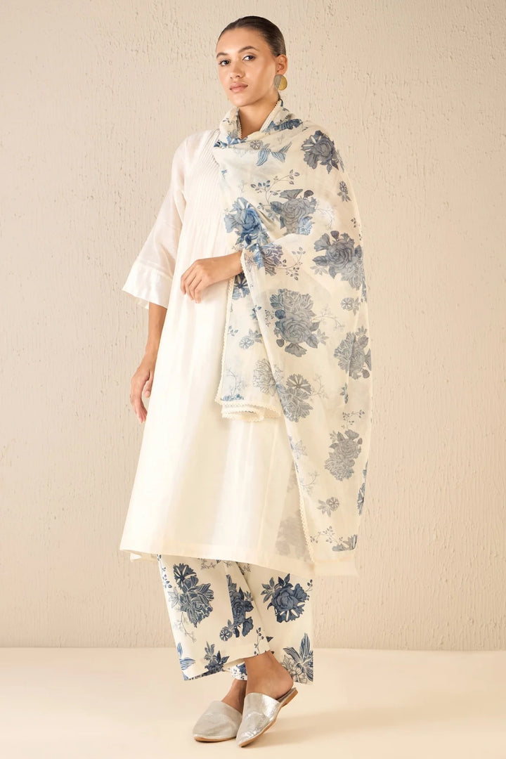 Floral Odyssey: Ivory Pintuck Chanderi Choga Set
