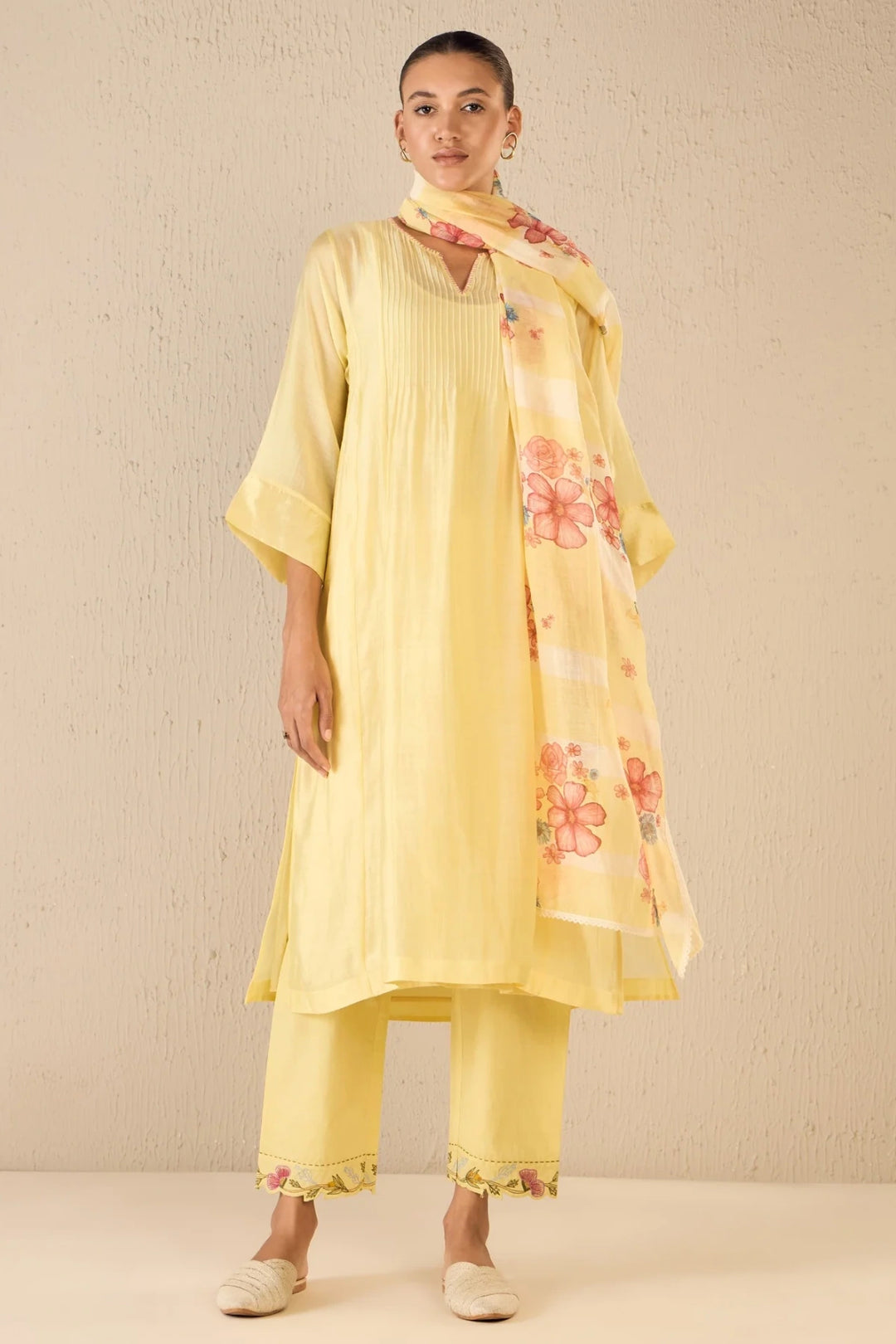 Floral Cream: Yellow Pintuck Choga Set