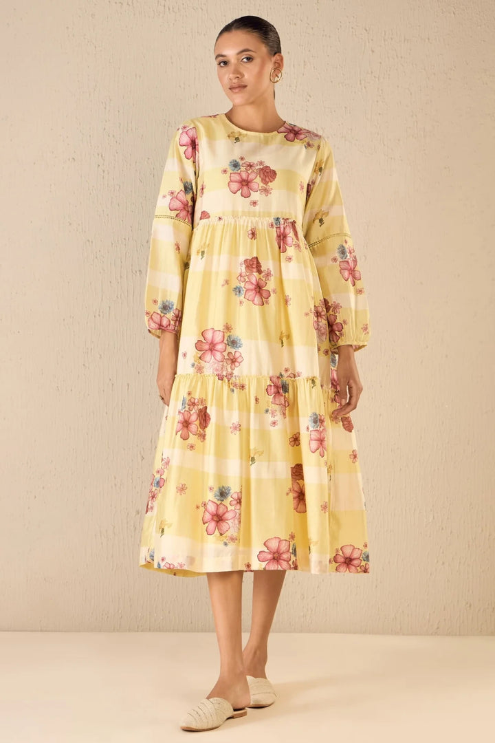 Floral Fusion: Yellow & White Stripe Floral Tier Dress