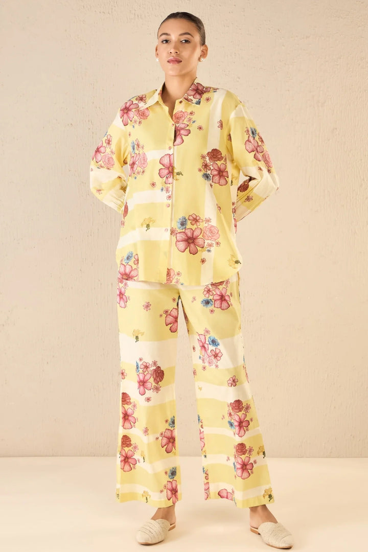 Floral Fusion: Yellow & White Stripe Floral Shirt Co-ord Set