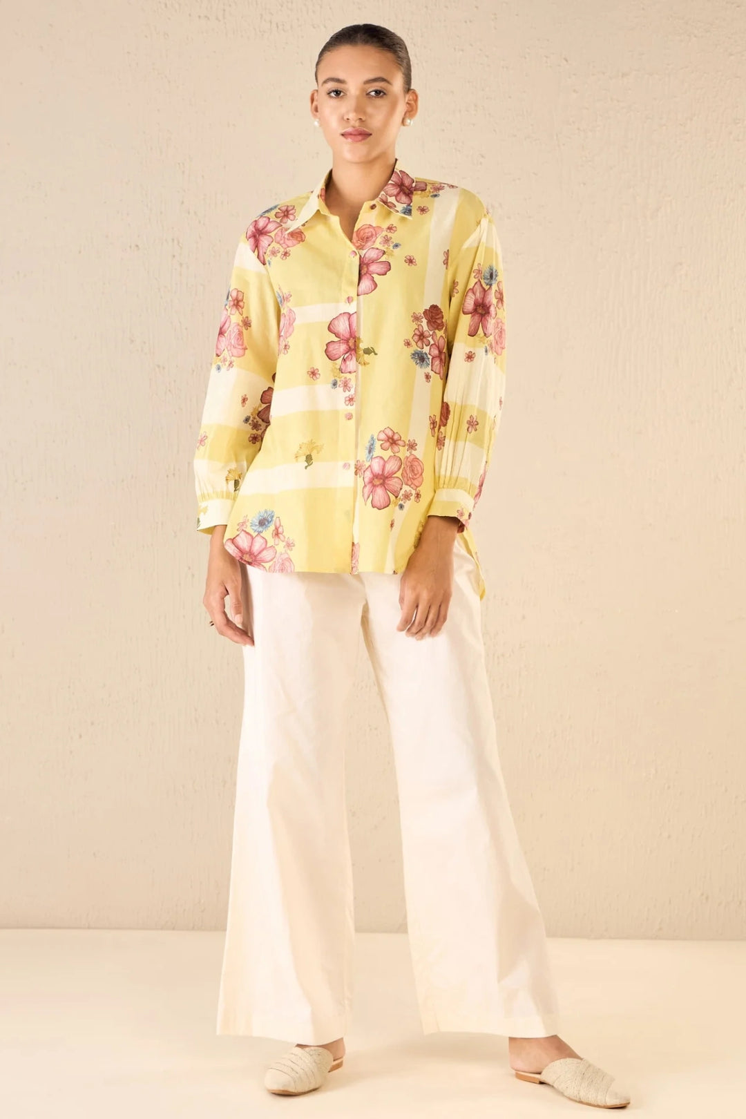 Floral Fusion: Yellow & White Stripe Floral Shirt With Ivory Flair Pants