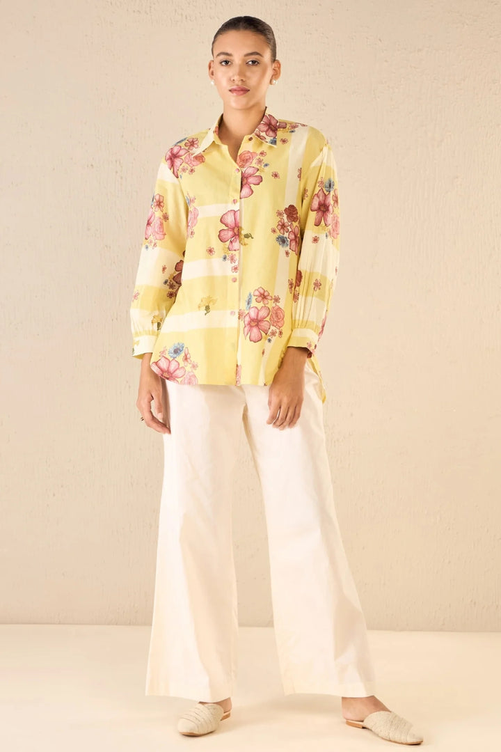 Floral Fusion: Yellow & White Stripe Floral Shirt With Ivory Flair Pants