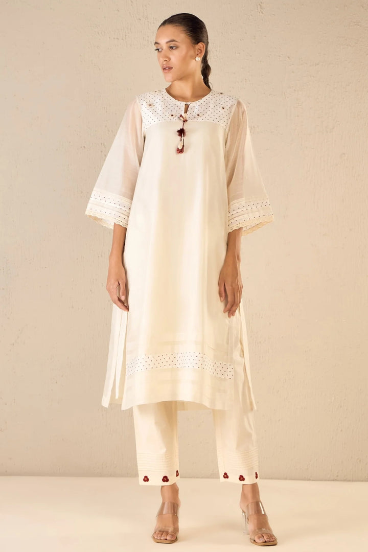 Bloom Dots: Ivory Polka Detailing Kurta Set