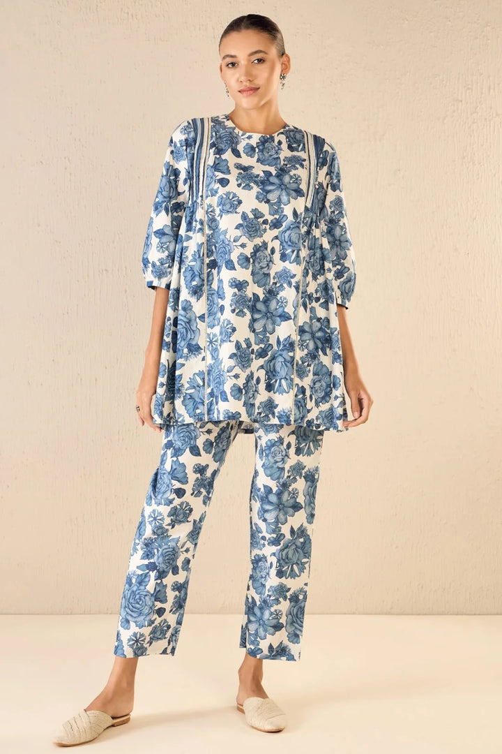 Blue Blossom: Blue Rose Side Gather Tunic Co-ord Set