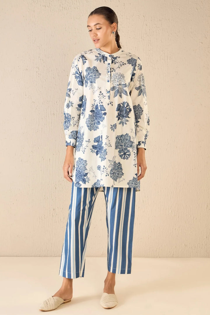 Floral Fantasy: Blue Line Floral Tunic Co-ord Set