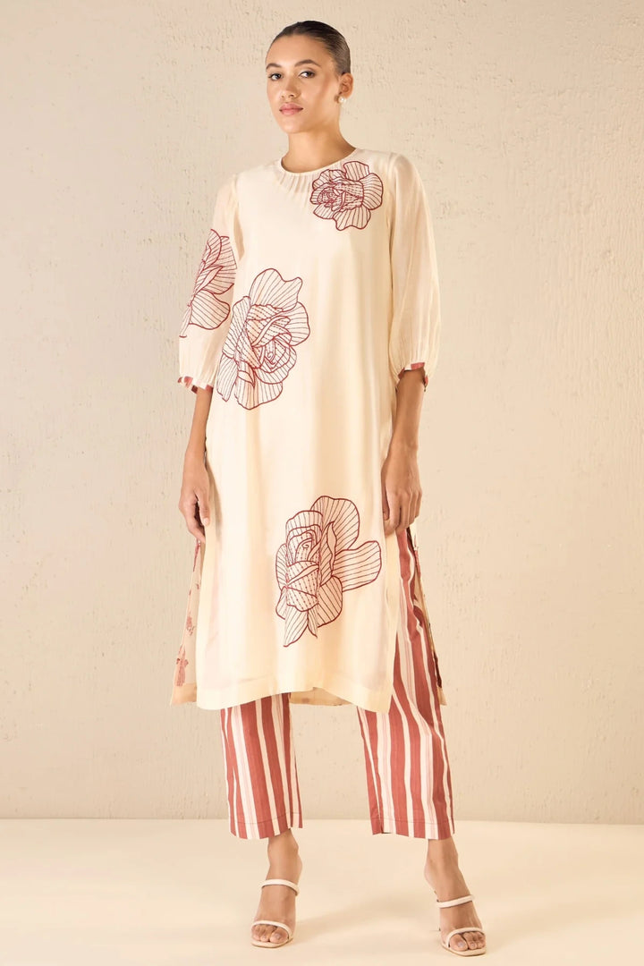 Rose Ballad: Red Three Bold Rose Embroidered Kurta Set