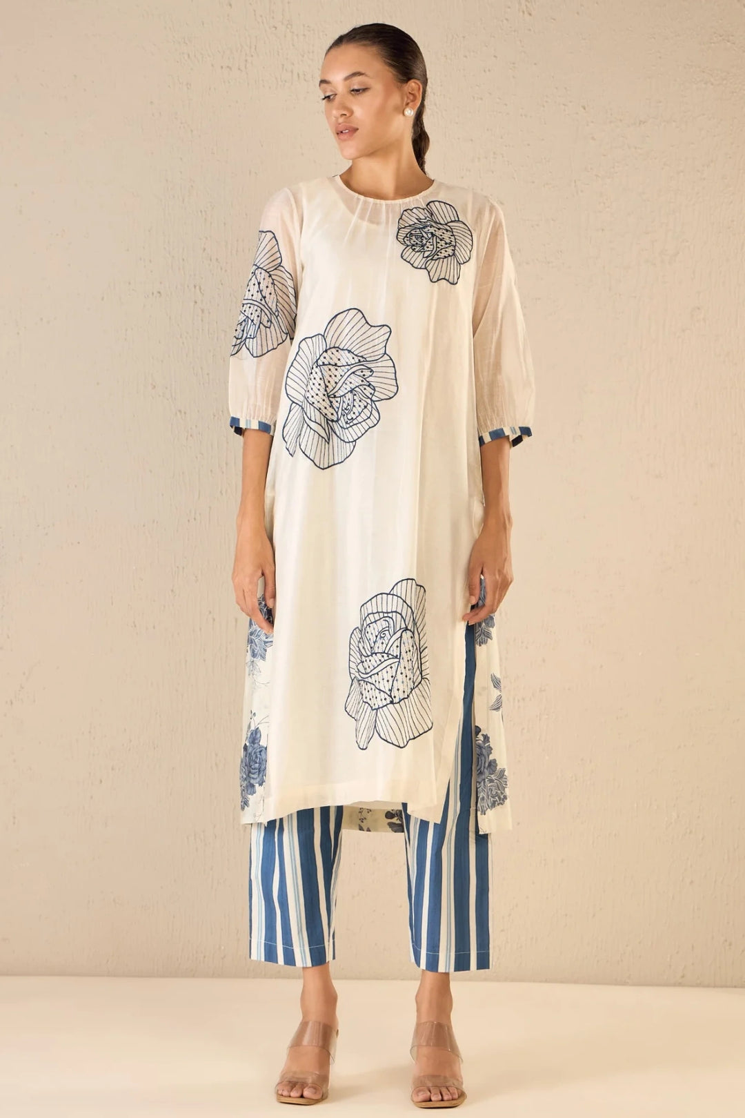 Rose Ballad: Blue Three Bold Rose Embroidered Kurta Set