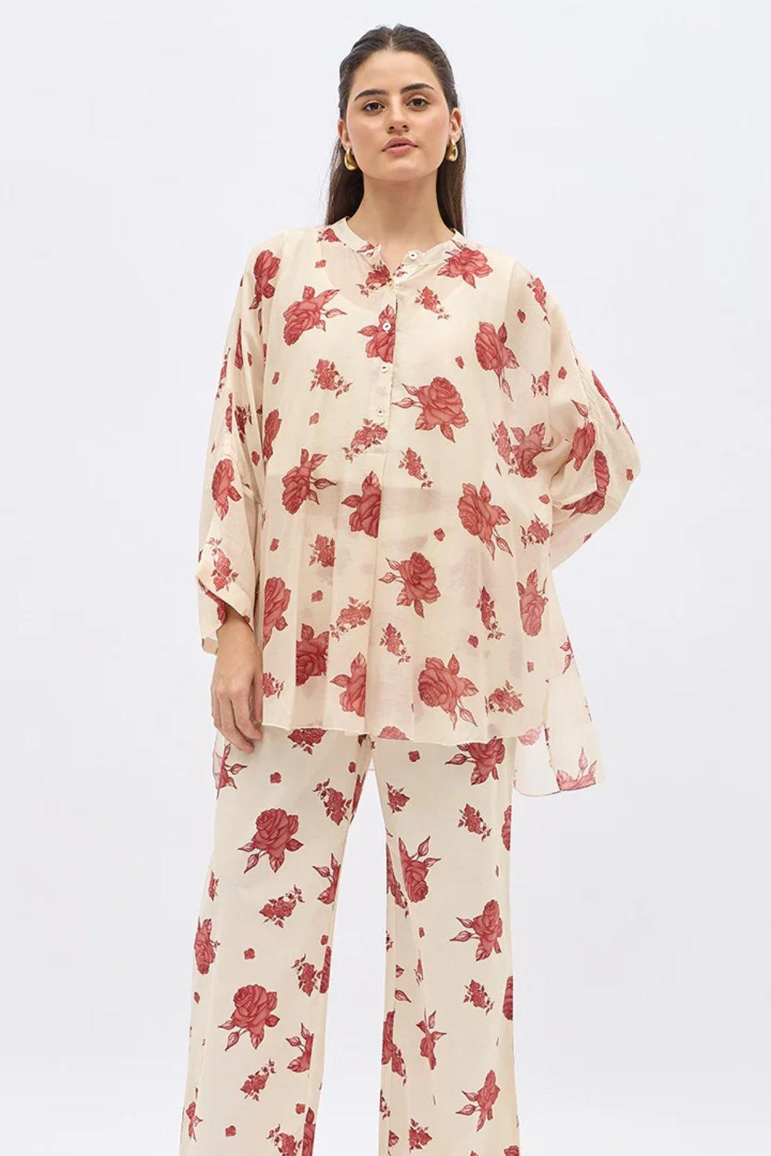 Red Flower Namah Tunic With Same Print Pants