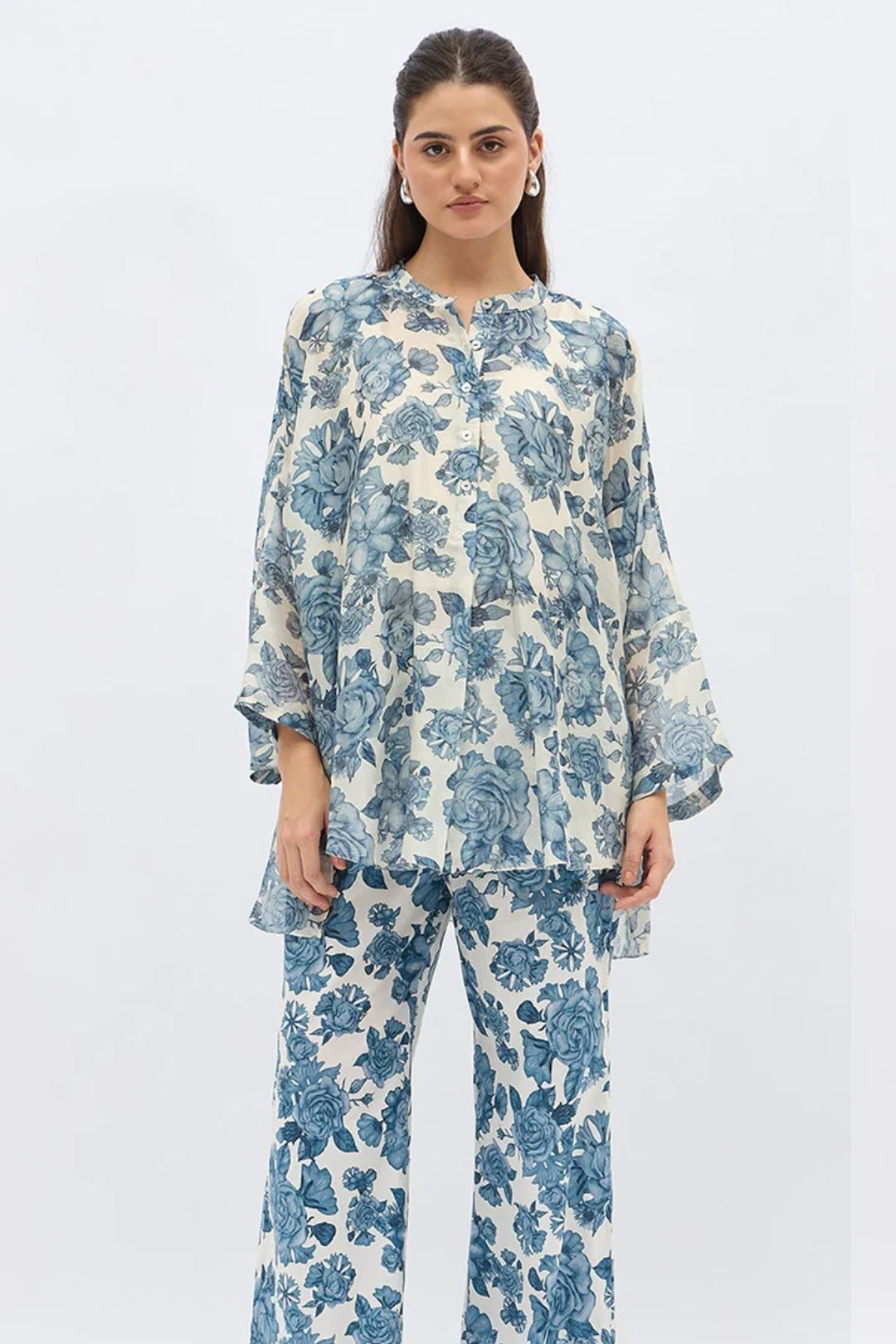 Blue Blossom Flower Namah Tunic With Same Print Pants