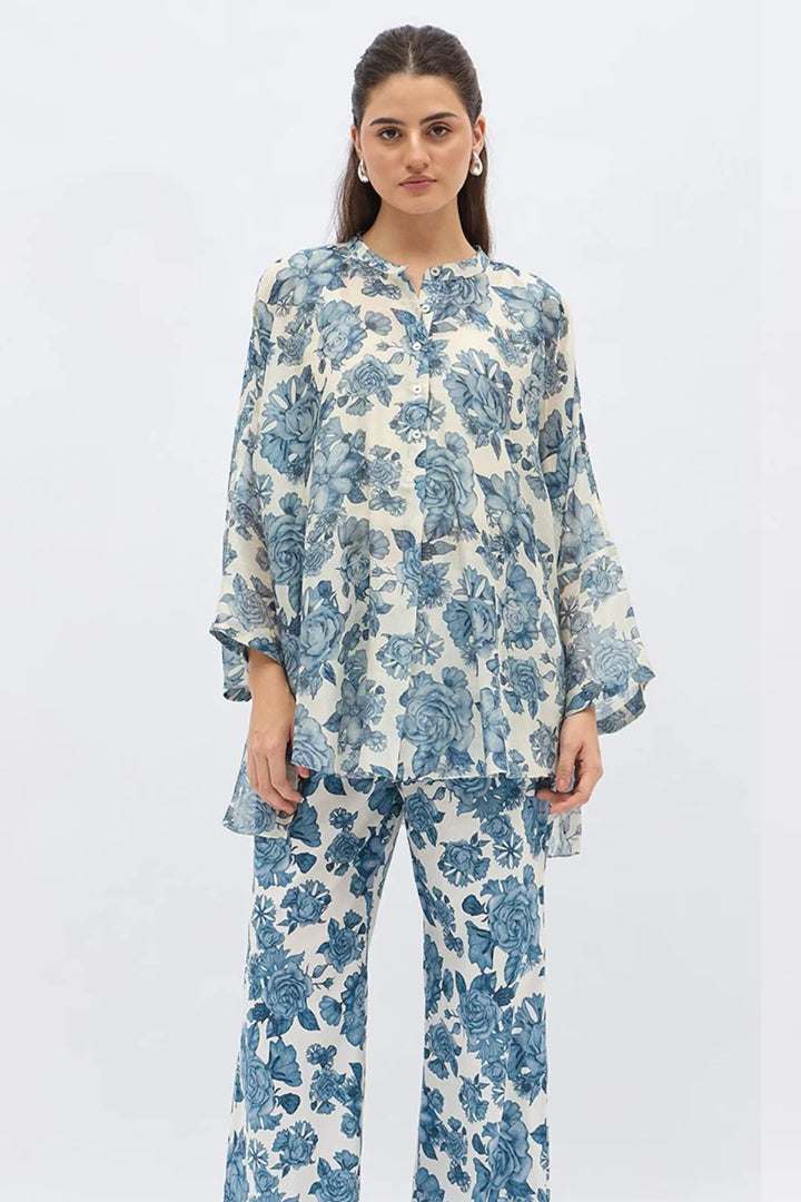 Blue Blossom Flower Namah Tunic With Same Print Pants