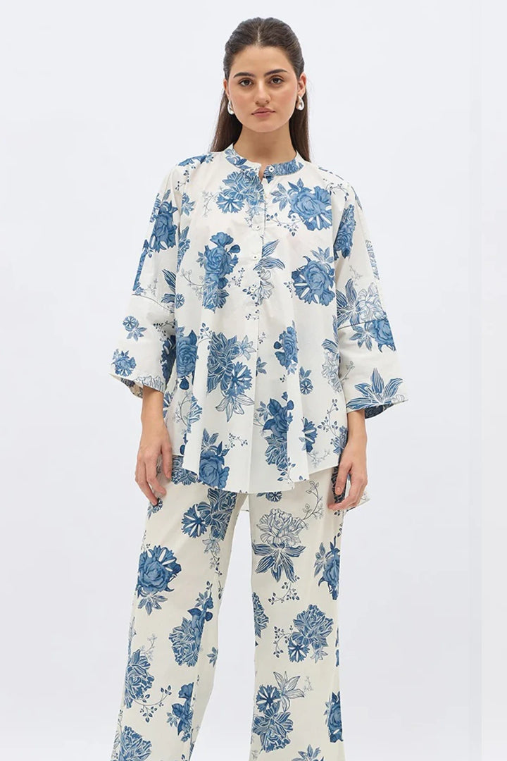 Blue Flower Lime Jaal Namah Tunic With Same Print Pants