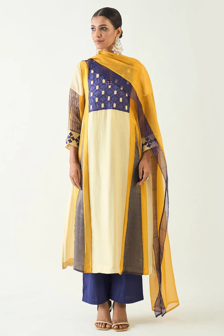 Roop: Cotton Silk Kali Kurta set - Mustard and Purple