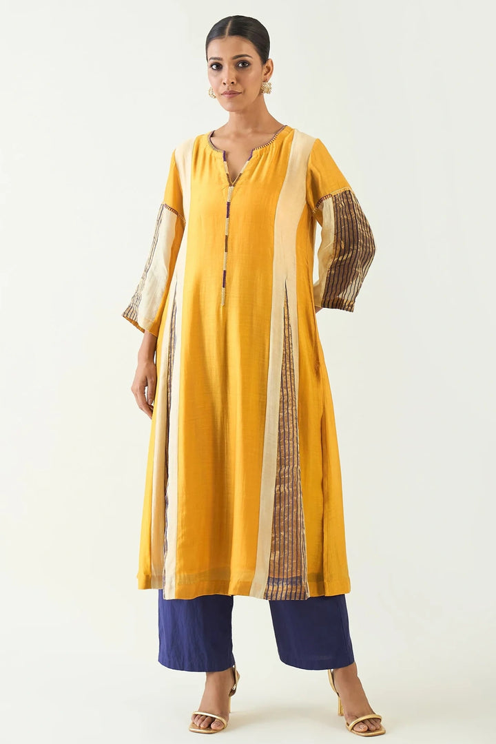 Isha: Cotton Silk Kali Kurta set- Mustard and Purple